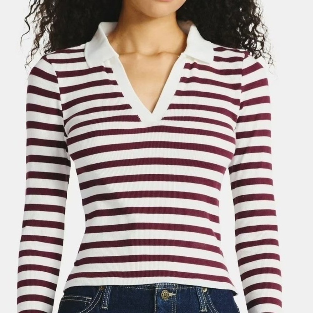 NB Preppy Johnny Collar Long Sleeve Top Sz L Dark Cherry White Stripe Shirt NWT‎